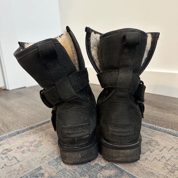 Sorel Black Leather Moto Sherling Lined Boot Sz 7.5 - Picture 3 of 5